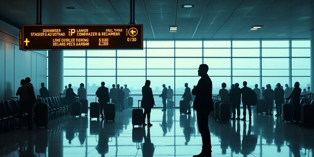 a man is standing in front of a sign at an airport with people waiting in line to get their luggage,