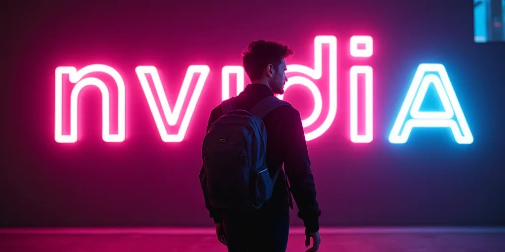 a man is walking in front of a neon sign that says nvidia on it and a backpack on his back, Akihiko