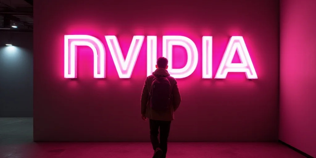 a man is walking in front of a neon sign that says nvidia on it and a backpack on his back, Akihiko
