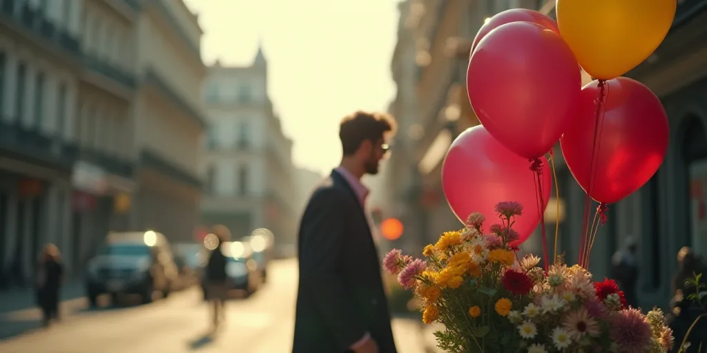 a man is walking past a bunch of balloons and flowers on a street corner in a blurry photo, Anthony