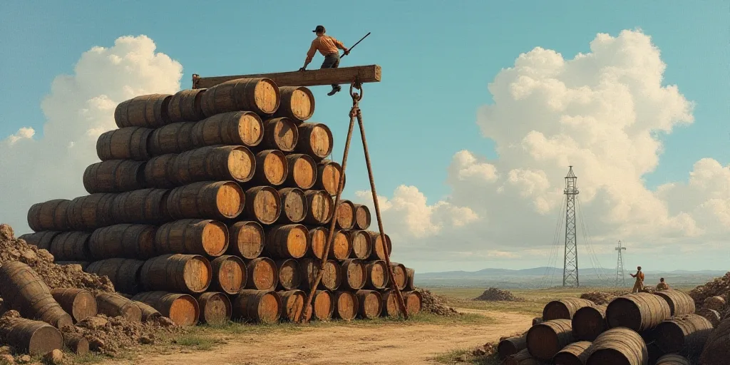 a man is working on a large stack of barrels on a crane in the sky above a large pile of barrels, An