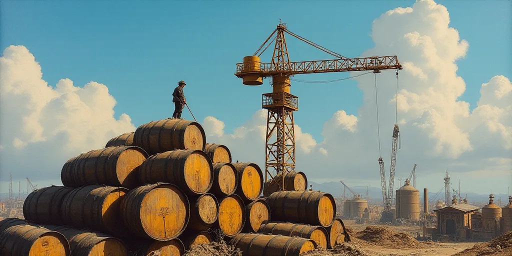 a man is working on a large stack of barrels on a crane in the sky above a large pile of barrels, An