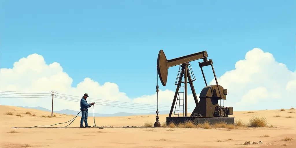 a man is working on a pump in the desert with a blue sky in the background and a few wires in the ba
