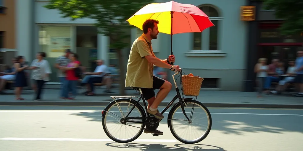 a man riding a bike with a colorful umbrella on the back of it's back wheel, in a city, Ceferí Oliv