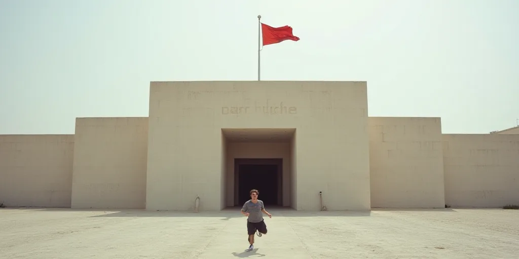 a man running in front of a building with a flag on top of it and a flag flying in the wind, Darrell