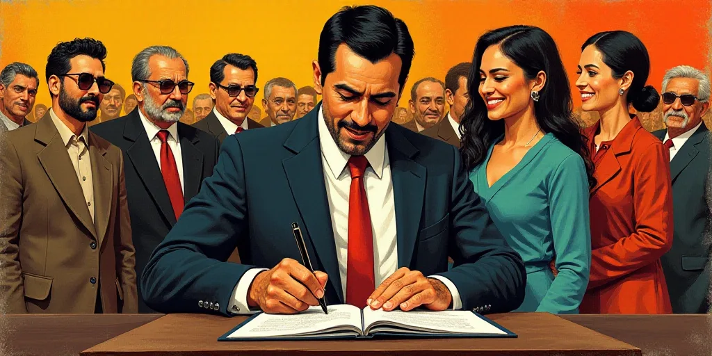 a man signing a document at a podium with other people behind him and a woman standing behind him sm