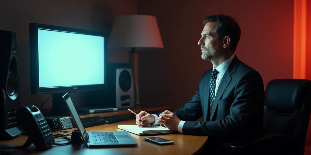 a man sitting at a desk in front of a television screen and a phone and a laptop computer and a man