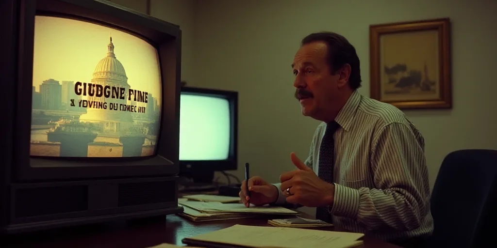 a man sitting at a desk in front of a television and a sign that says golden dome for america, Donal