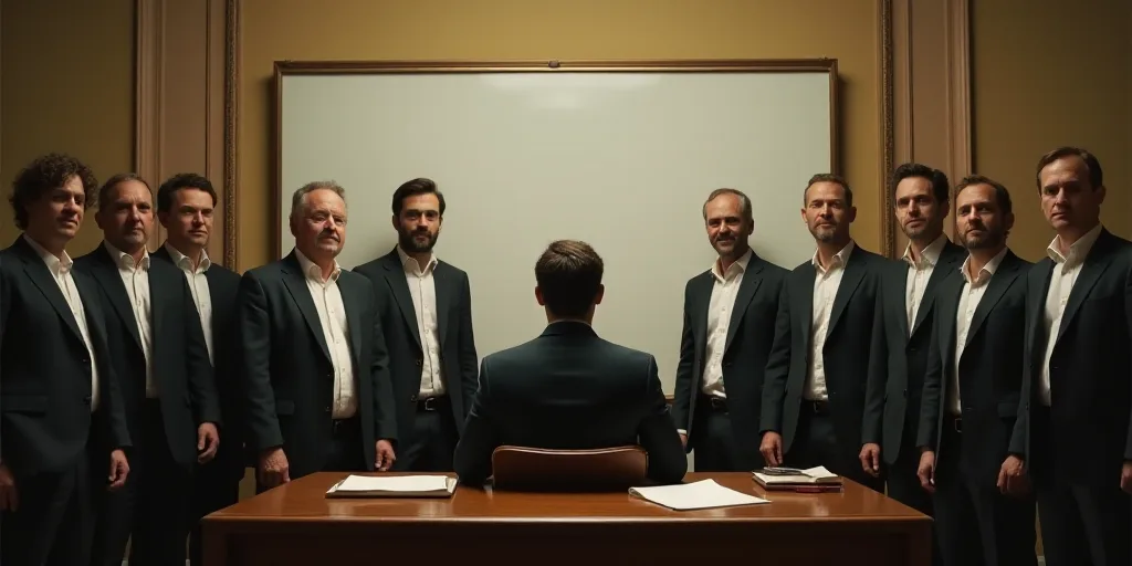 a man sitting at a desk in front of a group of people in suits and ties in front of a whiteboard, Ch