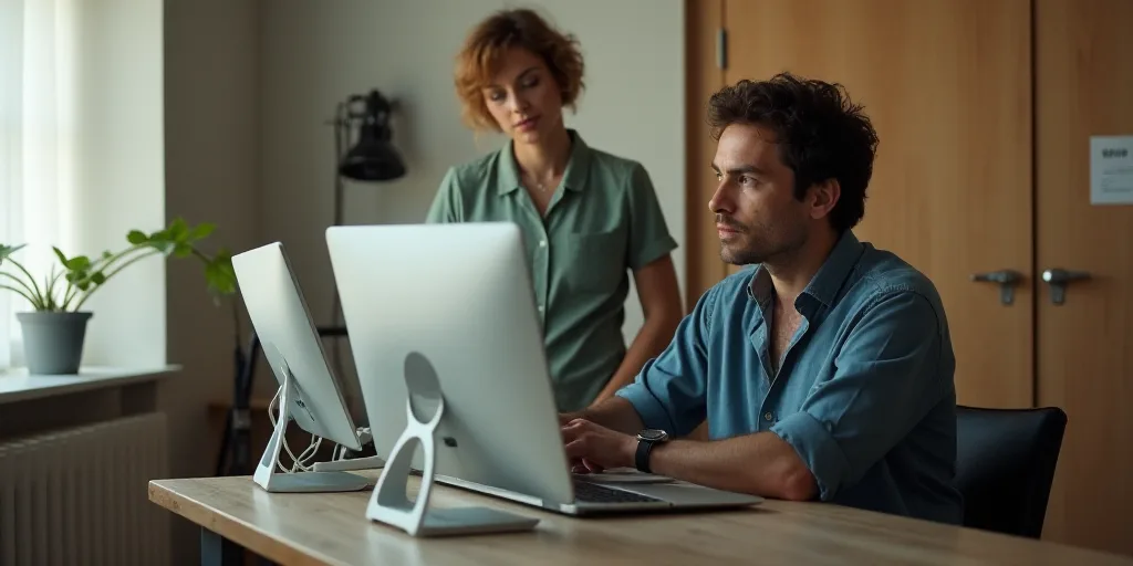 a man sitting at a desk with a woman behind him and a computer monitor on the desk with a woman stan