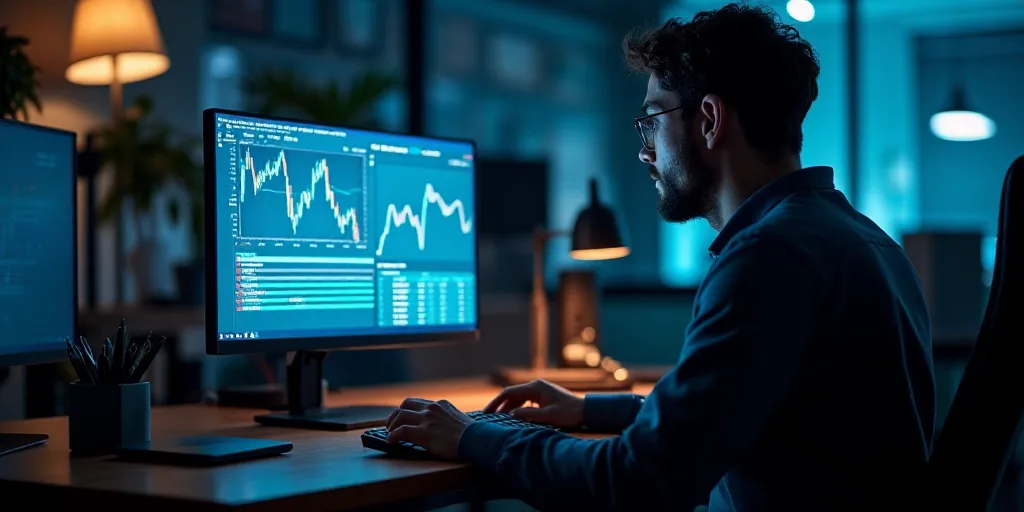 a man sitting at a desk with a computer monitor and keyboard in front of him, with a chart on the mo