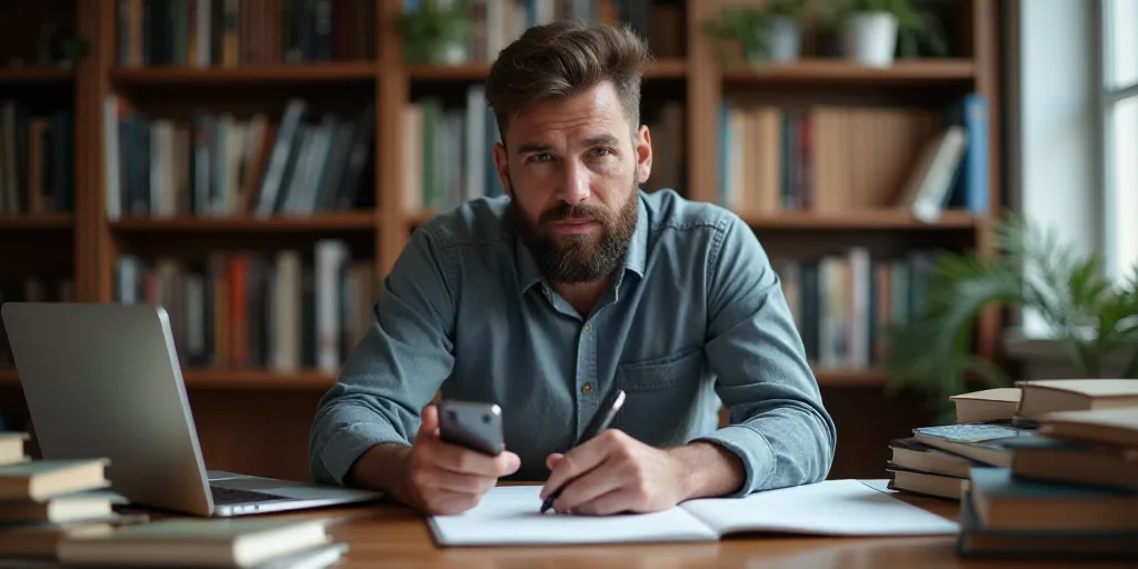 a man sitting at a desk with a laptop and cell phone in his hand and a stack of books behind him, Ce