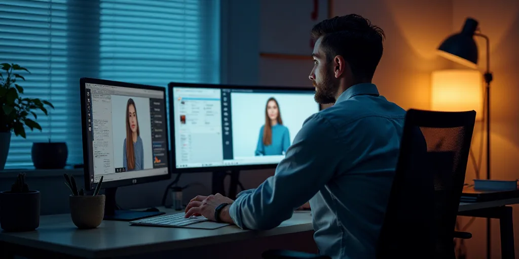 a man sitting at a desk with a computer and a monitor with a video conference on it and a woman stan