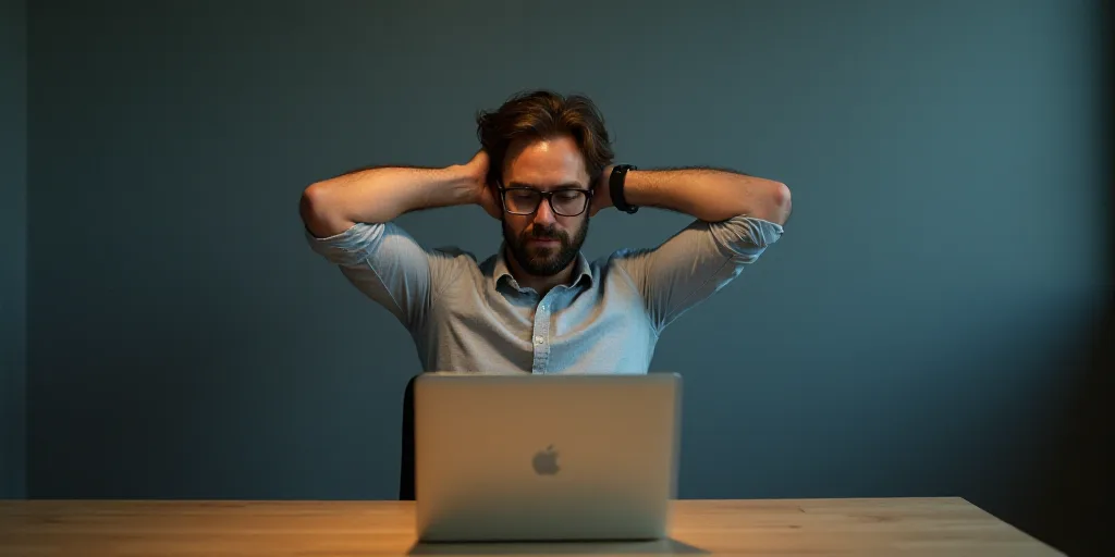 a man sitting at a desk with his hands behind his head and a laptop on his desk in front of him, And
