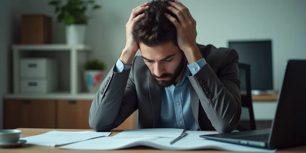 a man sitting at a desk with his head in his hands and papers on the desk behind him and a laptop on