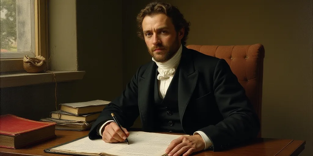 a man sitting at a desk with papers and a pen in his hand and a book in his lap, Charles Alphonse du