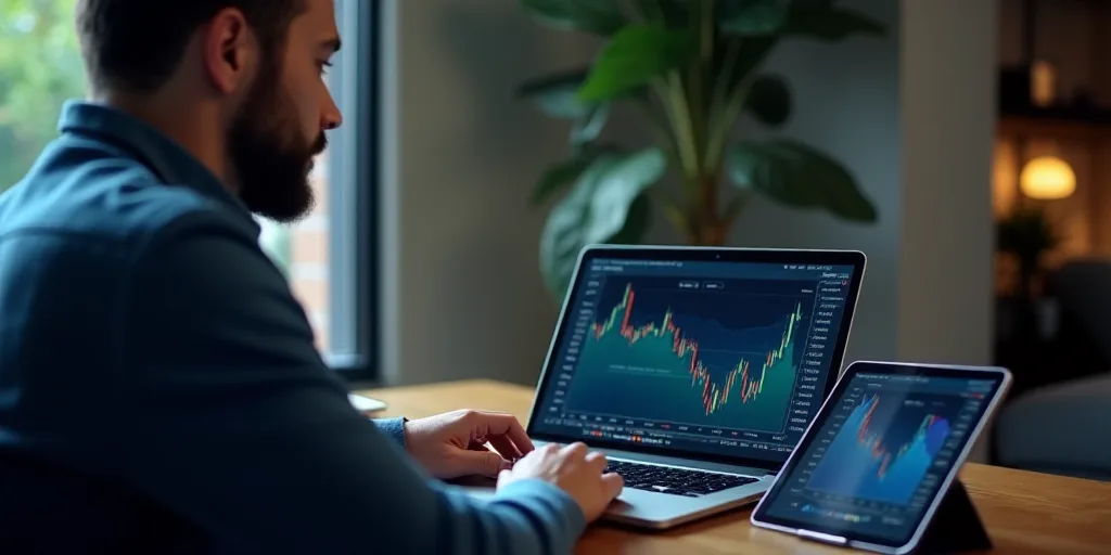 a man sitting at a table with a laptop computer and a tablet computer in front of him, with a chart