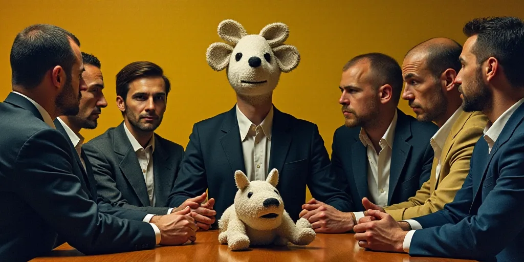a man sitting at a table with a stuffed animal in front of him and other men sitting around him, ESA