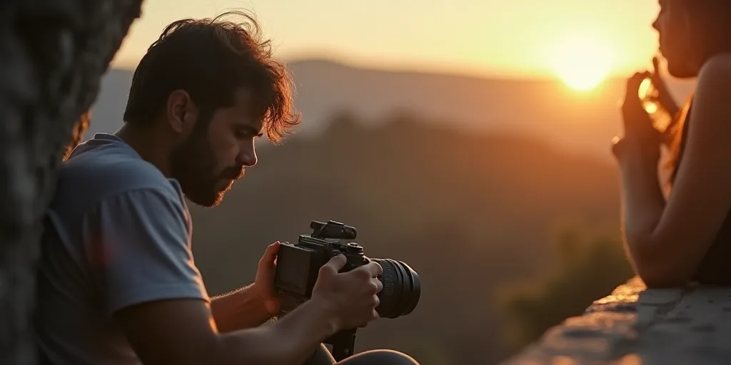 a man sitting down with a camera in his hand and a camera in his other hand, with a person holding a