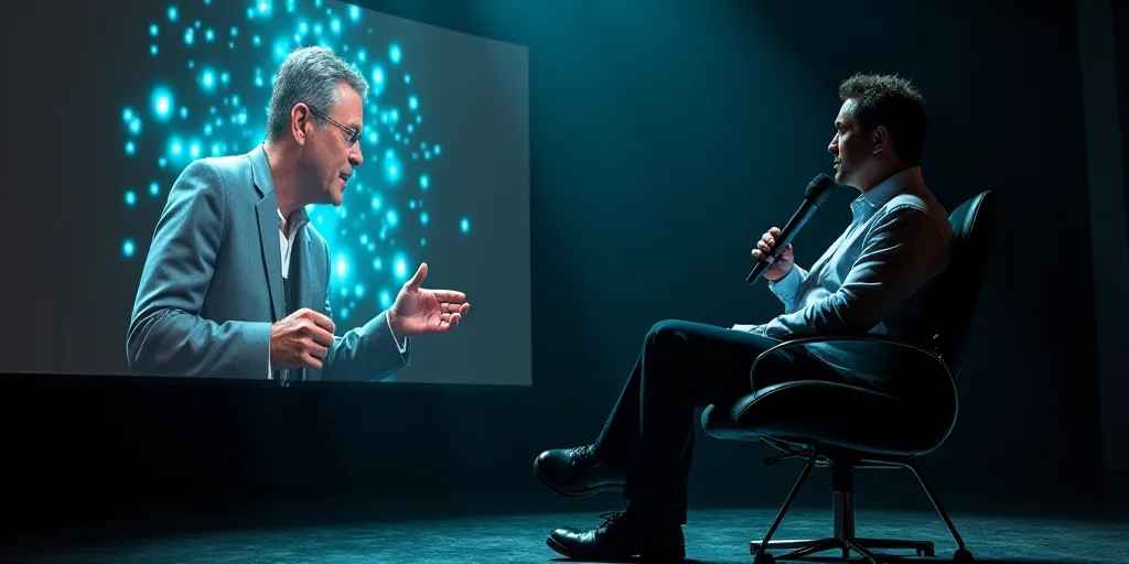 a man sitting in a chair talking to someone on a stage behind him with a microphone in his hand, Agu