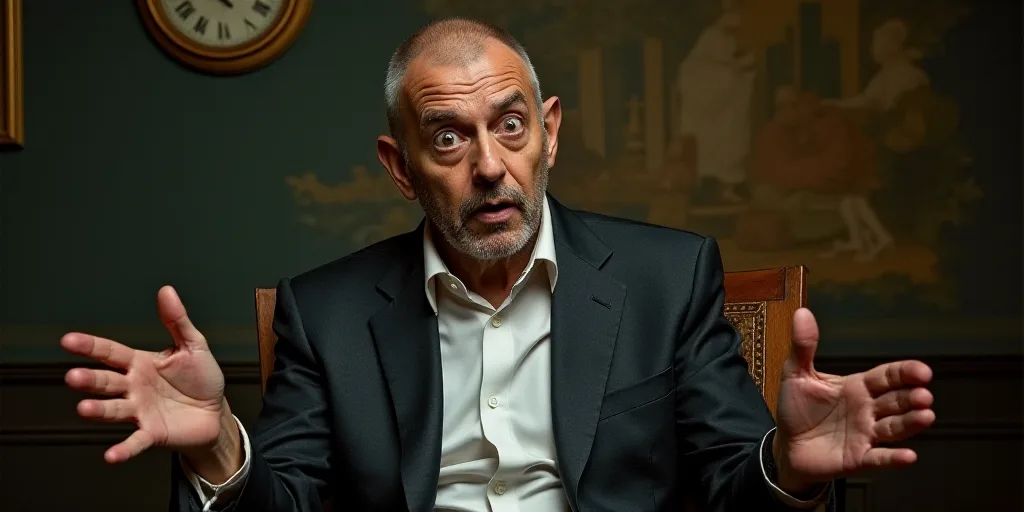 a man sitting in a chair with his hands folded out and a surprised look on his face as he speaks, An
