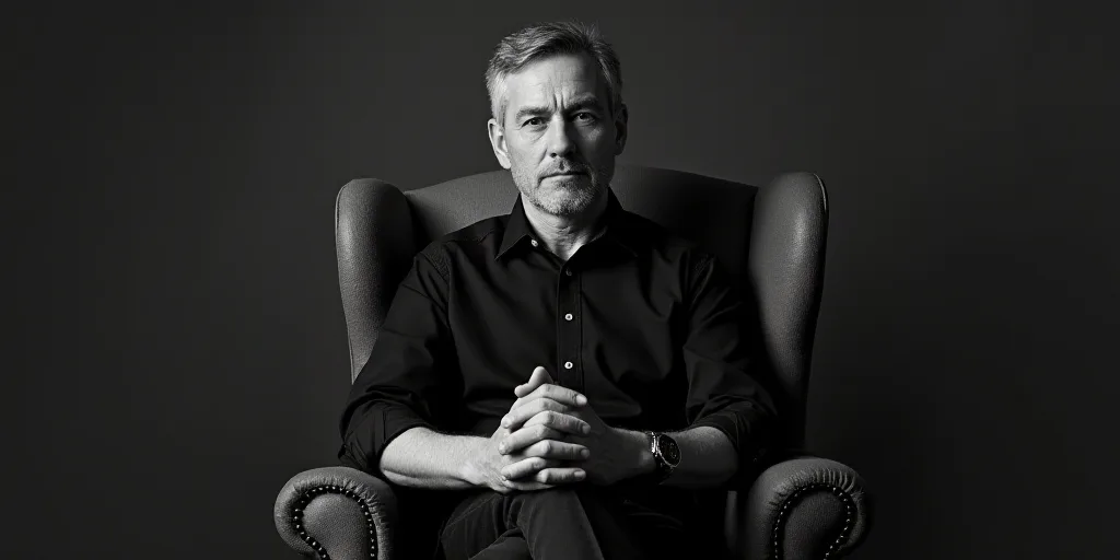 a man sitting in a chair with his legs crossed and his hands folded out in front of him, with a blac