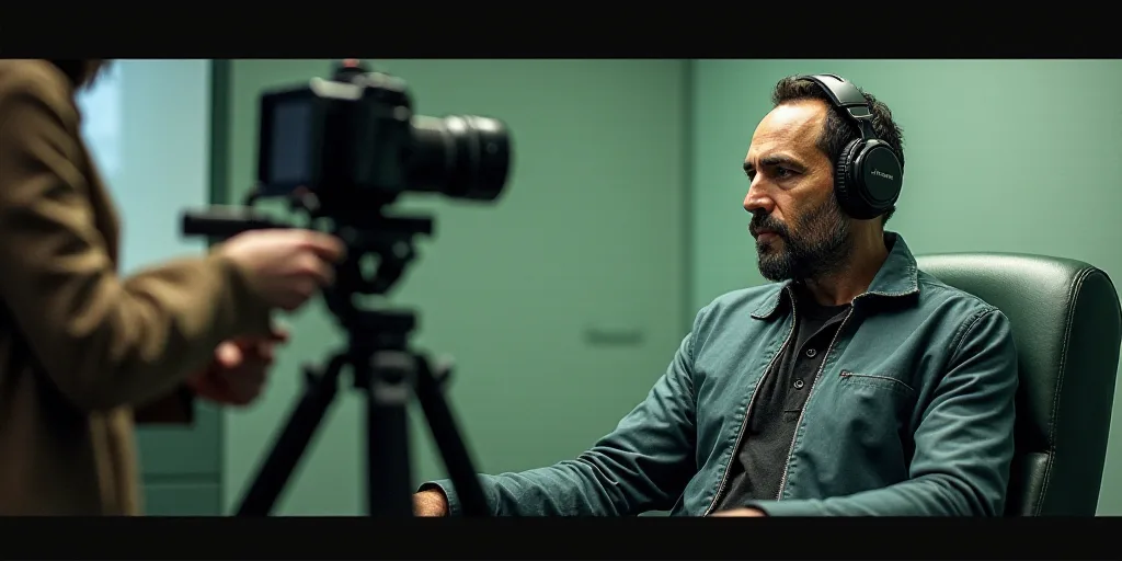 a man sitting in a room with a camera around him and a woman standing behind him looking at somethin