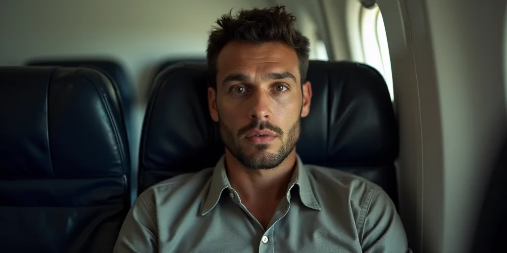 a man sitting in a seat on an airplane looking at the camera with a surprised look on his face, Fede