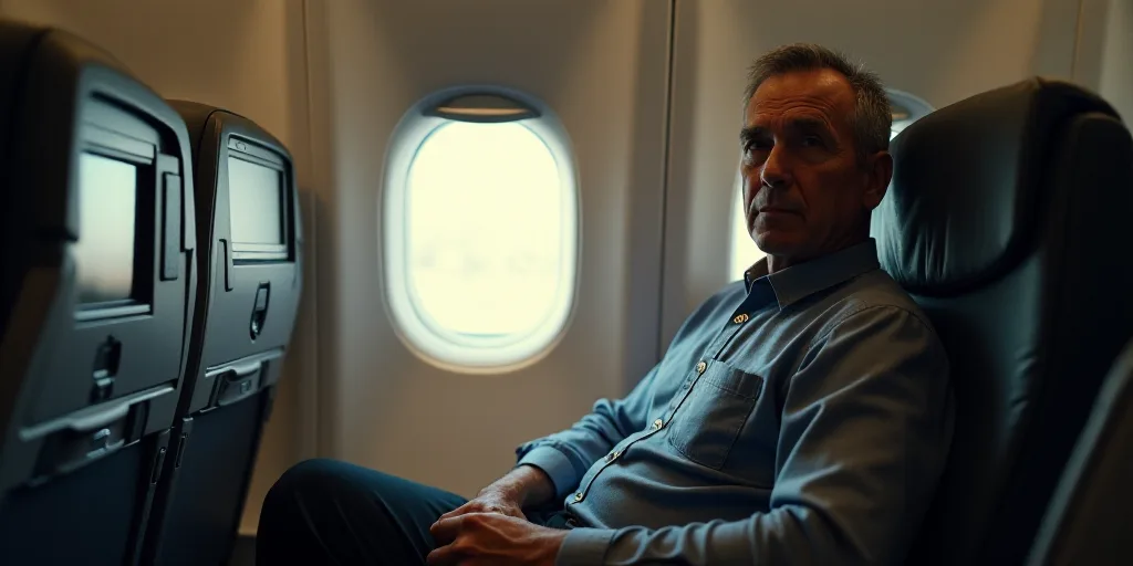 a man sitting in a seat on an airplane looking at the camera with a window behind him and a televisi