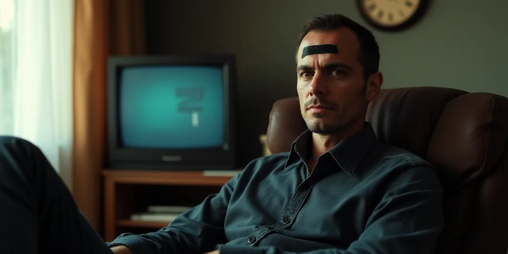 a man sitting in a seat with a black strip on his forehead and a tv in the background with a window,