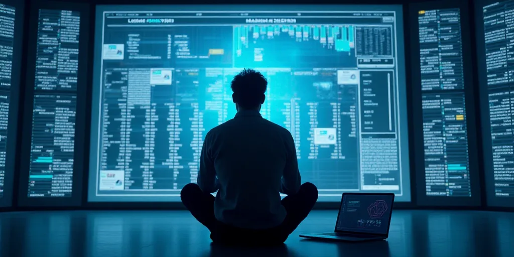 a man sitting in front of a large screen with numbers on it and a laptop on his lap,, Ai-Mitsu, tech