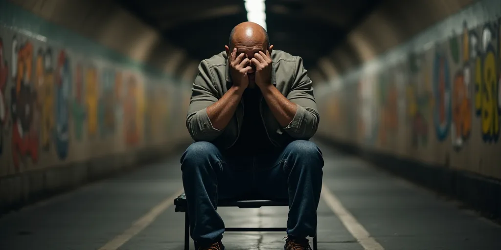 a man sitting on a bench in a tunnel with his hands in his pockets and his head in his hands, Carlos