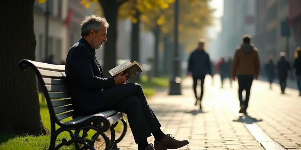 a man sitting on a bench reading a book while others walk by him on a sidewalk in the background, Es