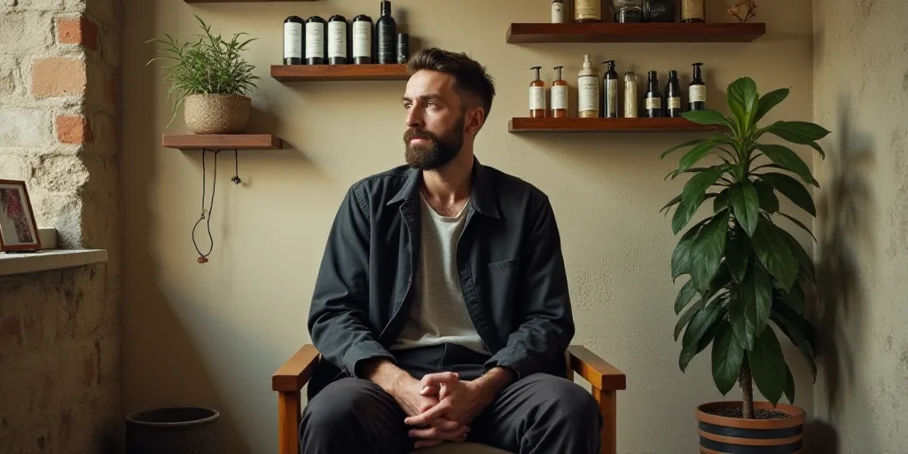 a man sitting on a chair in a room with shelves of hair products on the wall and a plant in the corn