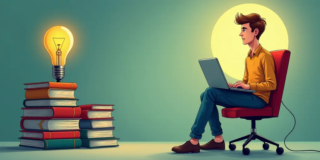 a man sitting on a chair with a laptop in front of a light bulb and a pile of books, Andries Stock,
