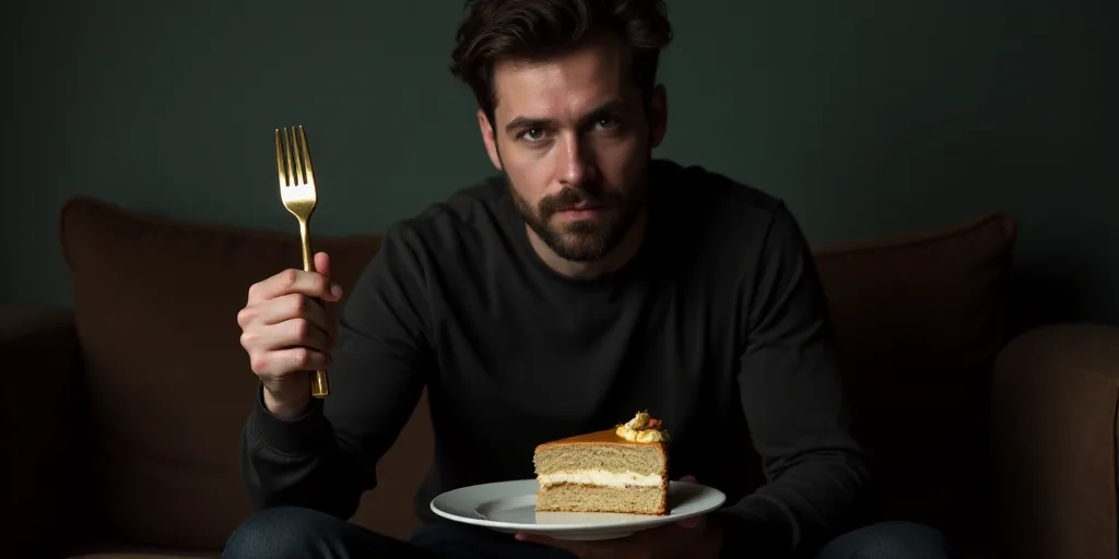 a man sitting on a couch holding a fork and a piece of cake in his hand while looking at the camera,