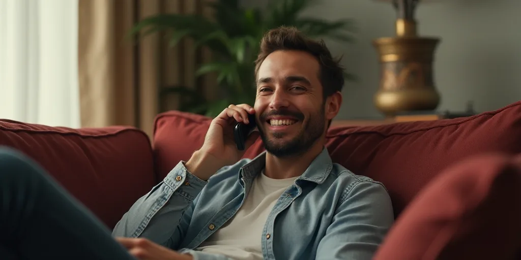 a man sitting on a couch talking to someone on the phone and smiling at the camera with a smile on h