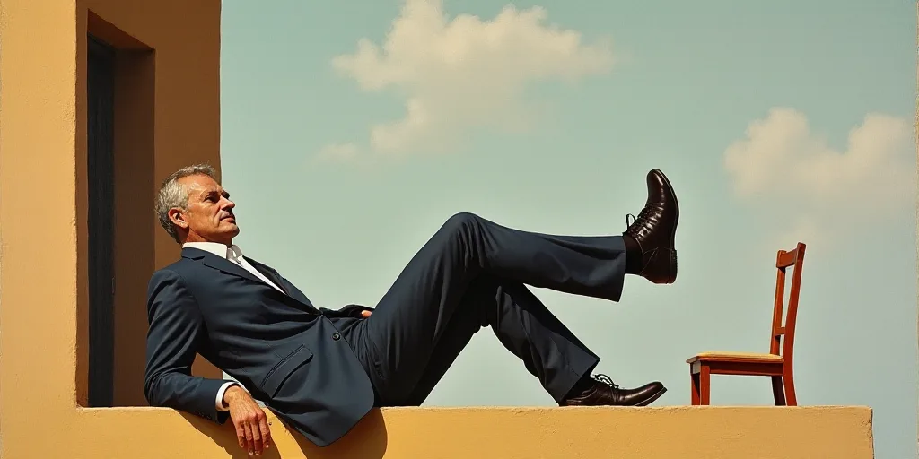 a man sitting on a ledge with his feet up and his leg up in the air, with a chair in the background,