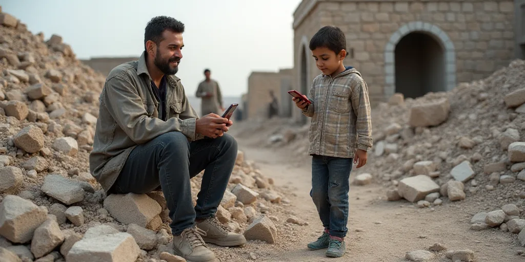 a man sitting on a pile of rubble next to a child on a cell phone and a man standing in the backgrou