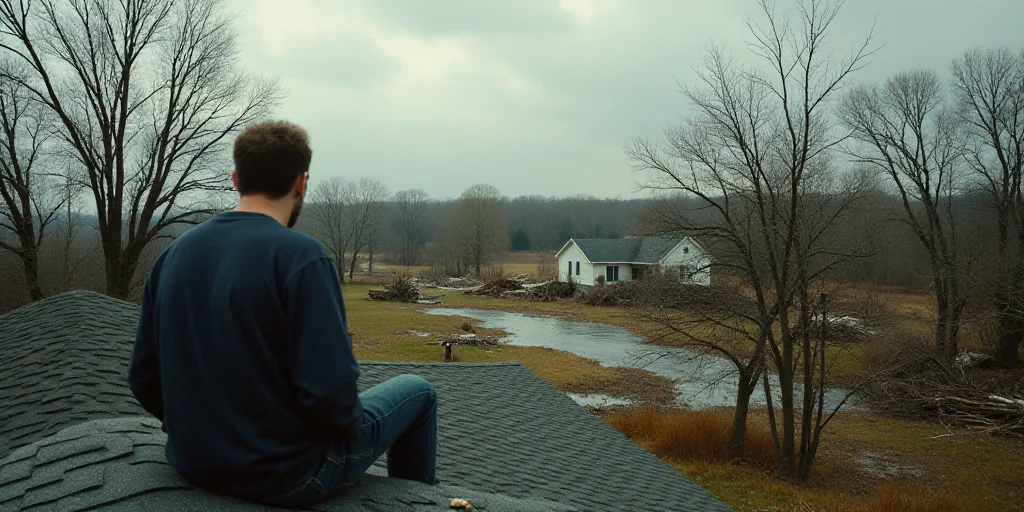 a man sitting on a roof looking at a tornado damage area that has fallen to the ground and trees, Ch