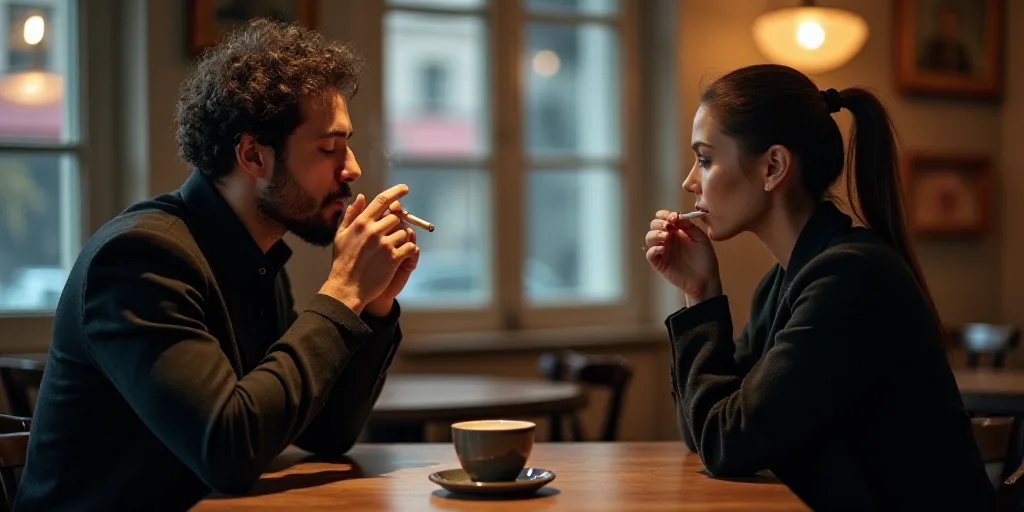 a man smoking a cigarette next to a woman sitting at a table with a cup of coffee and a cigarette in