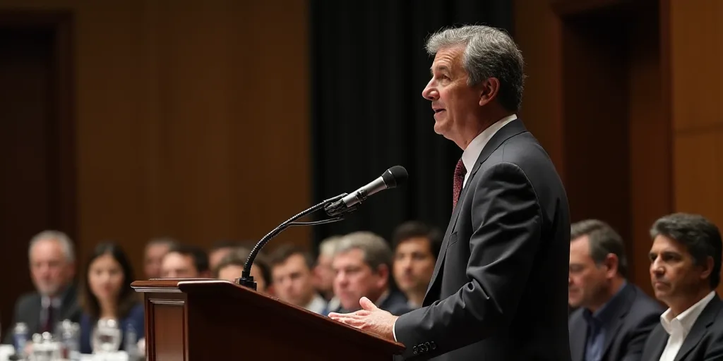 a man speaking at a podium with other people sitting at a table behind him and a microphone in front
