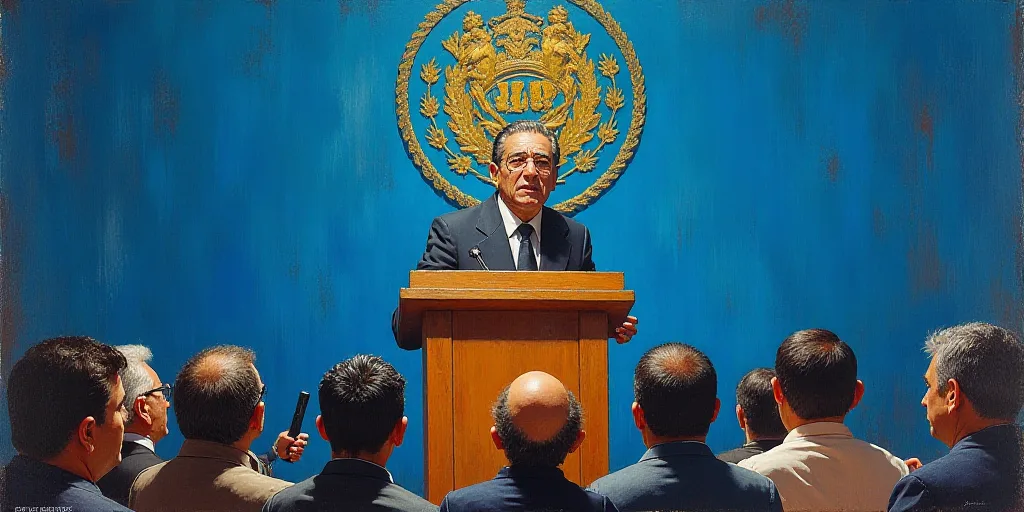 a man standing at a podium giving a speech to people in front of a blue background with a seal on it