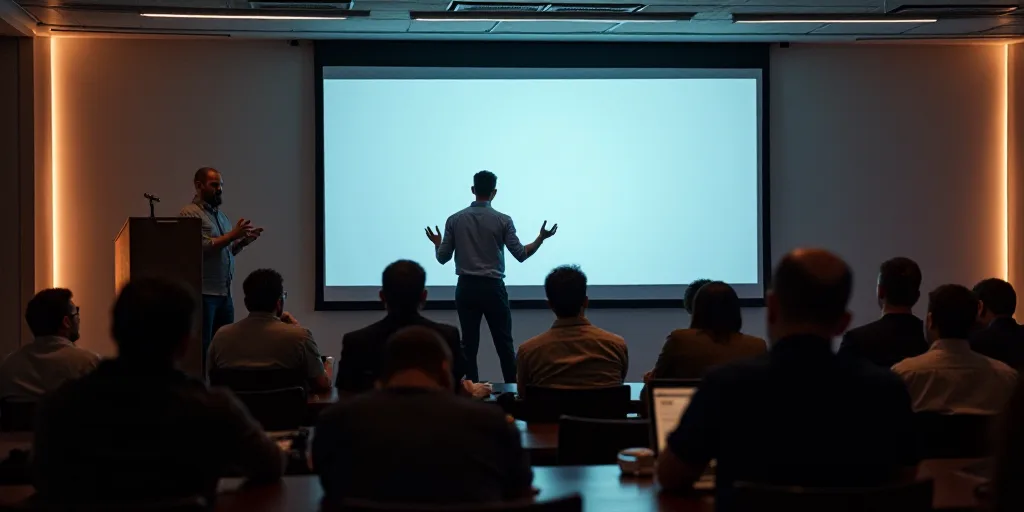 a man standing at a podium giving a presentation to a group of people sitting in chairs in front of