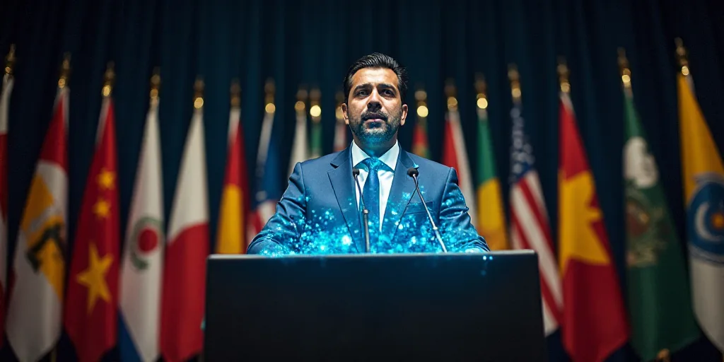 a man standing at a podium in front of flags and a microphone in front of him is a microphone in fro