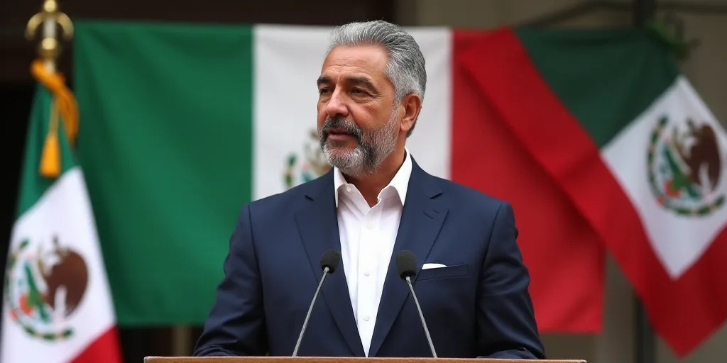 a man standing at a podium in front of a sign with a mexican flag on it and a mexican flag hanging f