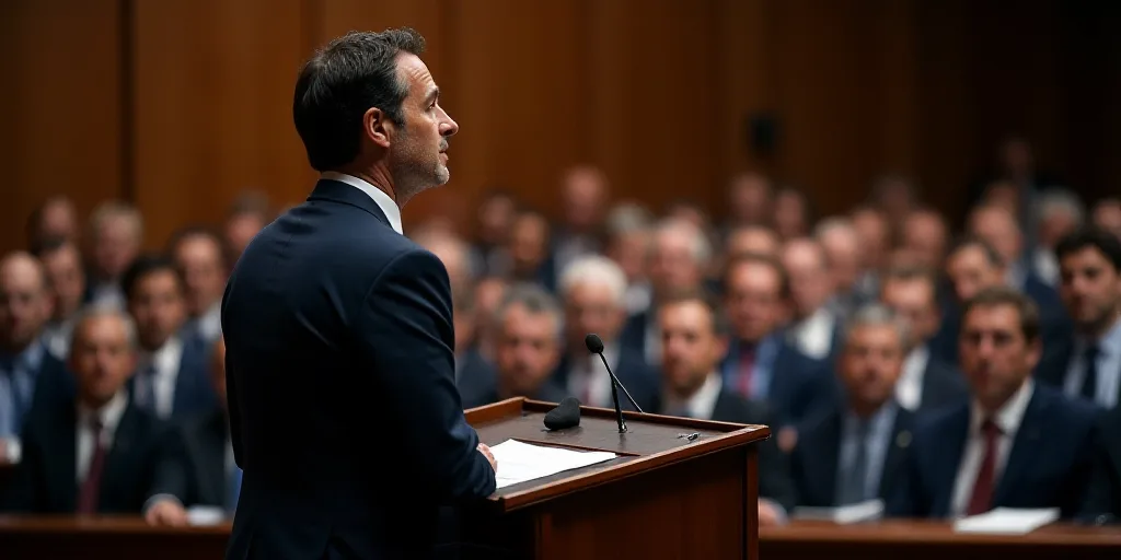 a man standing at a podium in front of a crowd of people in suits and ties, with a microphone in fro