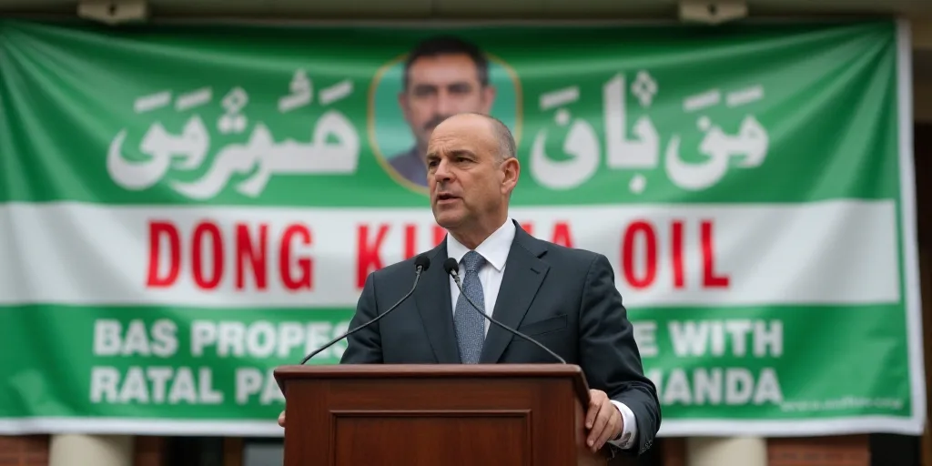 a man standing at a podium in front of a green and white banner with a picture of a man on it, Dong