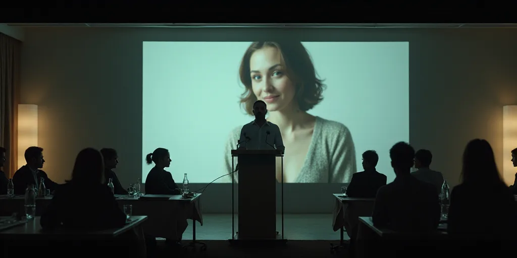 a man standing at a podium in front of a large screen with a woman on it and other people sitting at