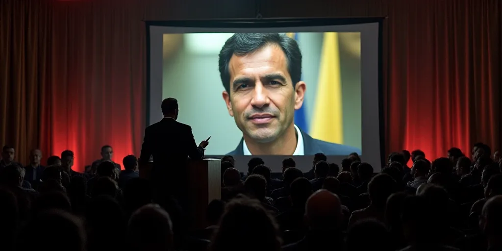a man standing at a podium in front of a crowd of people in front of a screen with a picture of a ma